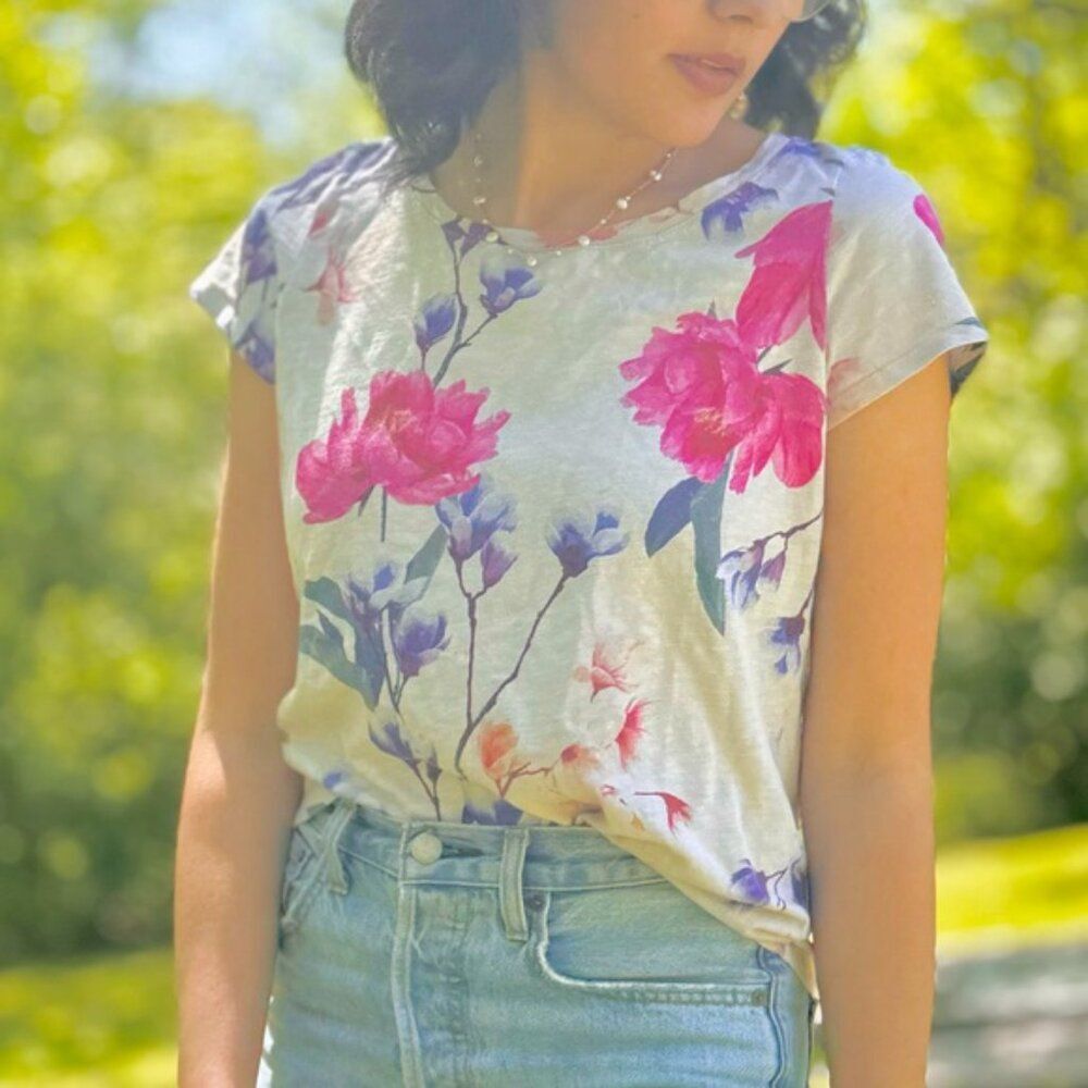 Lands End Crew Neck Cotton Floral Short Sleeve Art Tee Medium